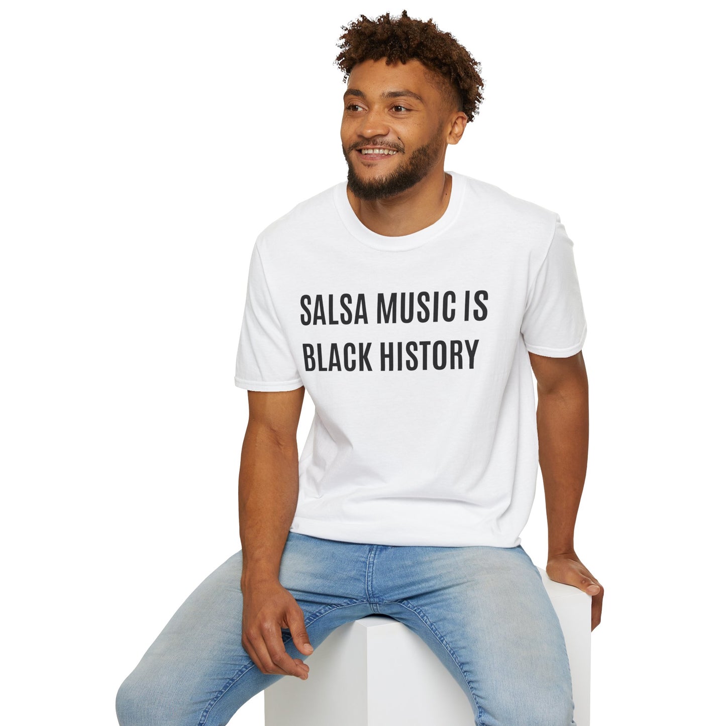 "Salsa Music is Black History" Unisex Soft-Style T-Shirt in White