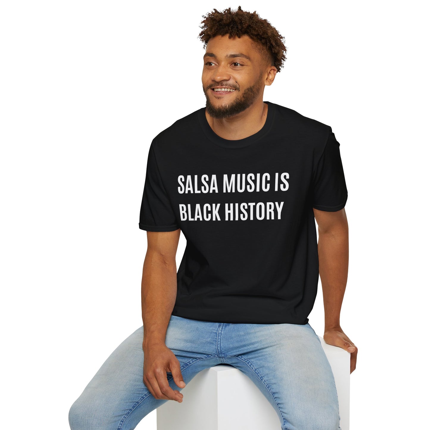 "Salsa Music is Black History" Unisex Soft-Style T-Shirt in Black